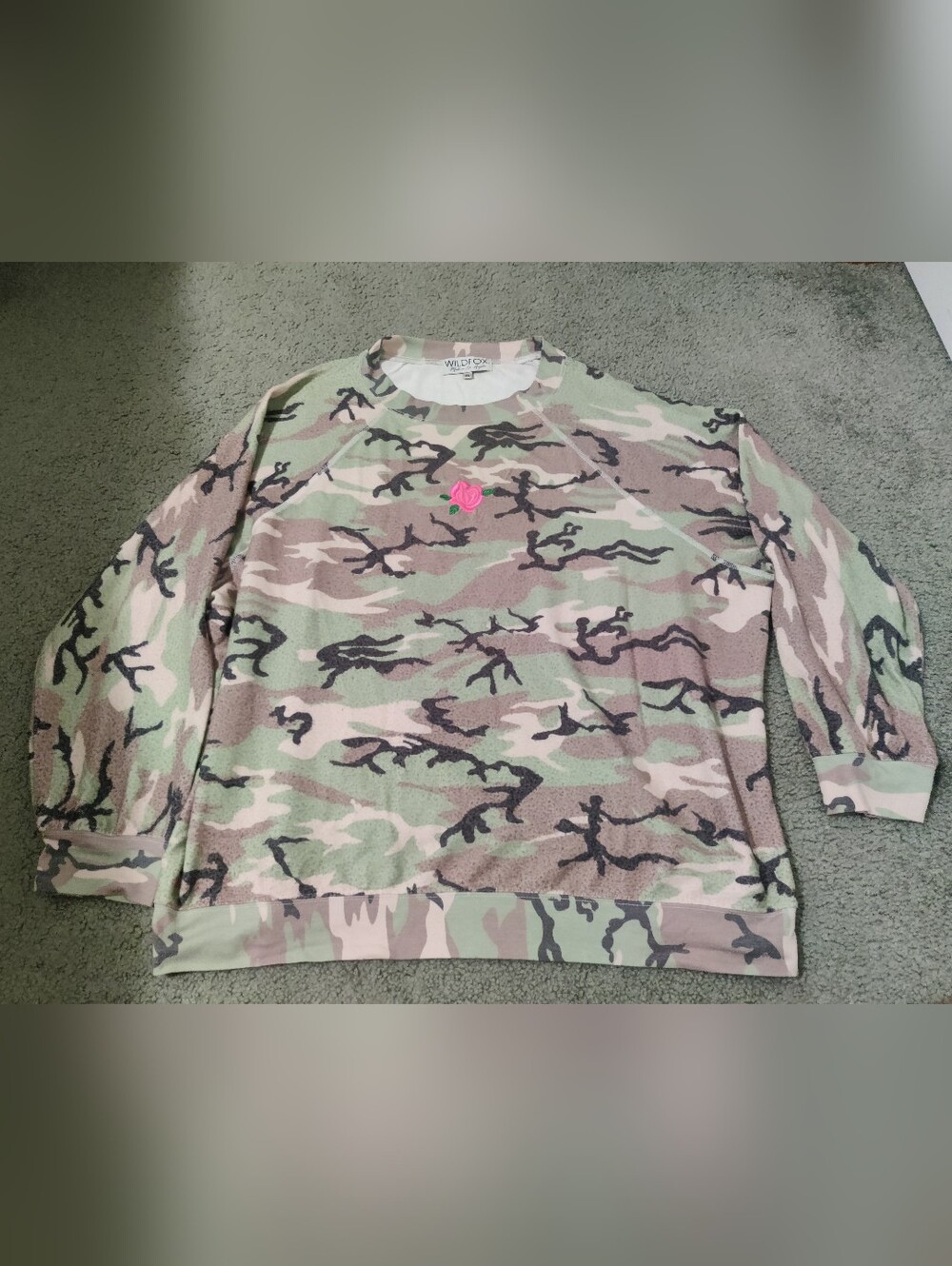 Wildfox Green & Taupe Camo Crewneck with Pink Logo Accent, Made In los Angeles